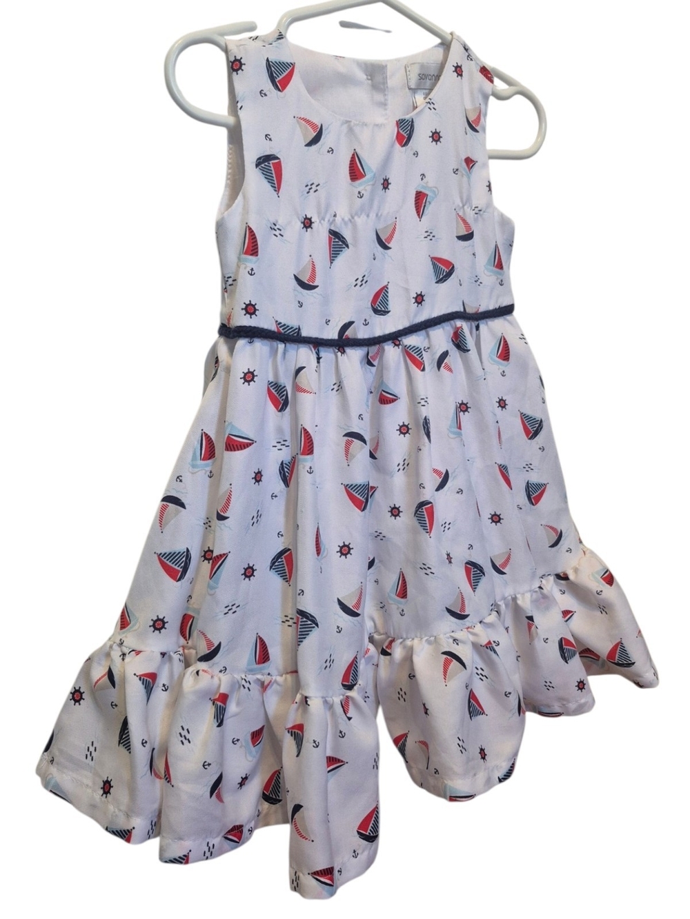 Savannah White Sailboat Print Dress with Navy Trim